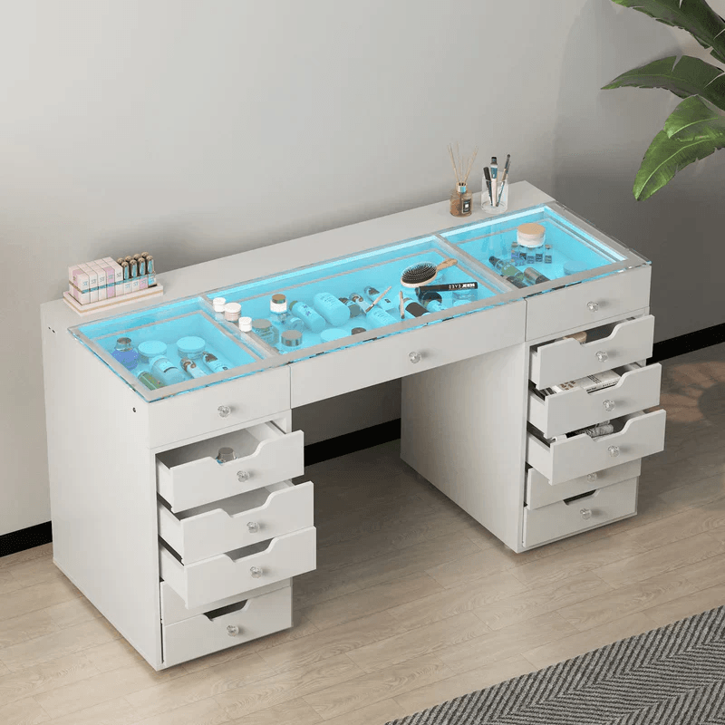 VANITII Eva Vanity Desk - 13 Storage Drawers with Full Light - Furniture Local