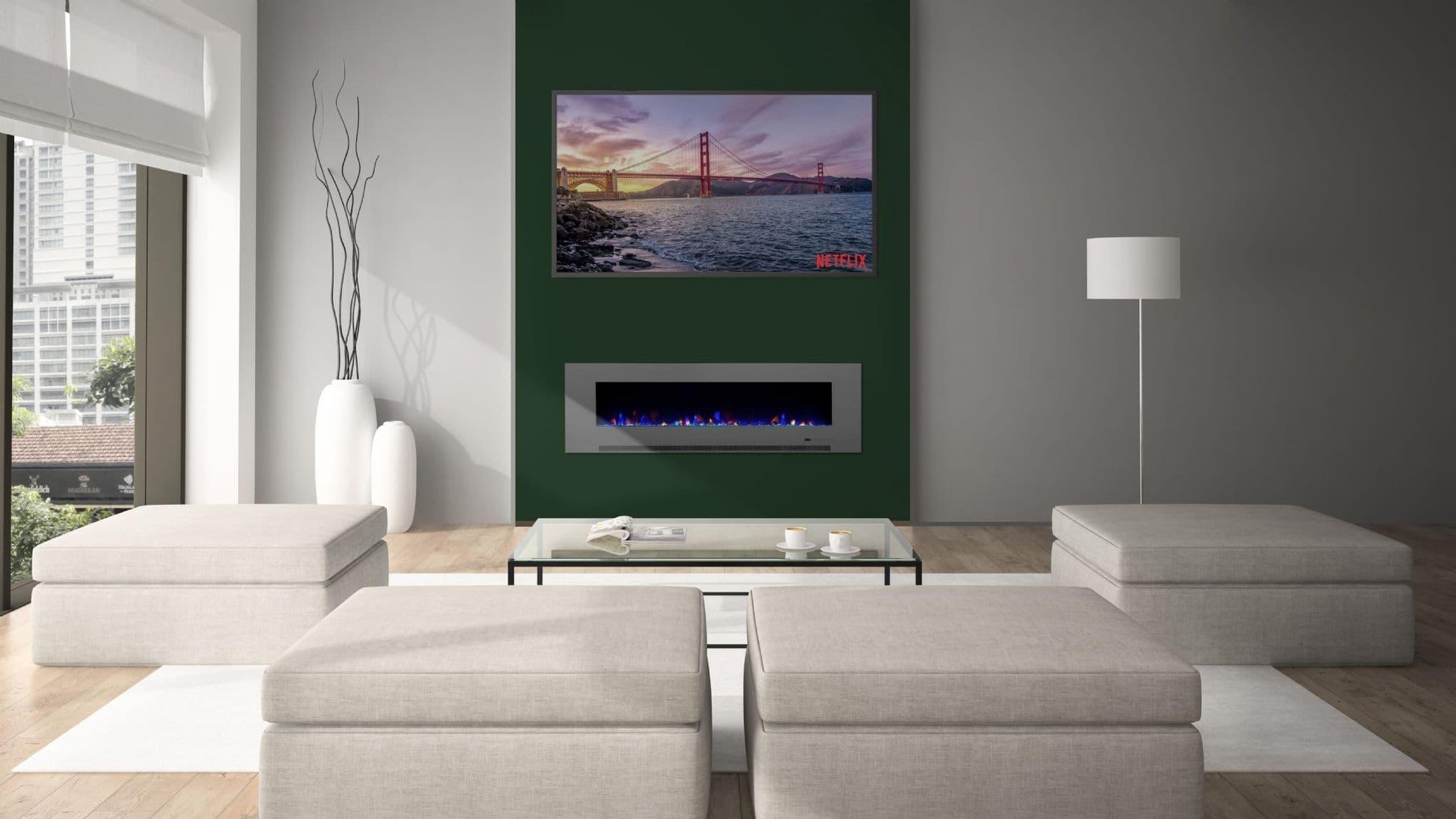 Aurora 72" LED Flame Modern Glass Flush / Wall Mounted Electric Fire